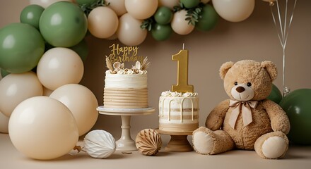 Celebratory first birthday scene with cake balloons and teddy bear