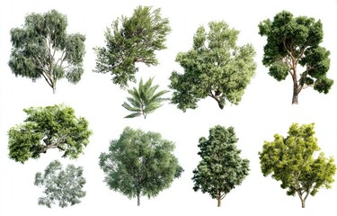 Obraz premium Nine diverse treetops, isolated on white. Various heights, leaf types, and densities. Realistic digital renderings of foliage