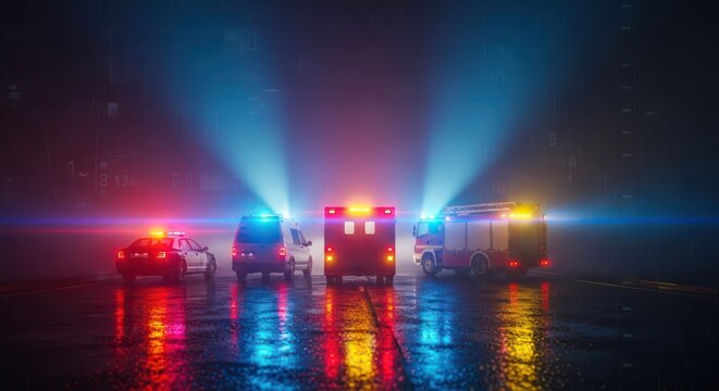 Emergency vehicles lined up with lights flashing on a wet road in the dark
