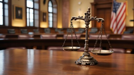 Scales of Justice in a Courtroom with American Flag