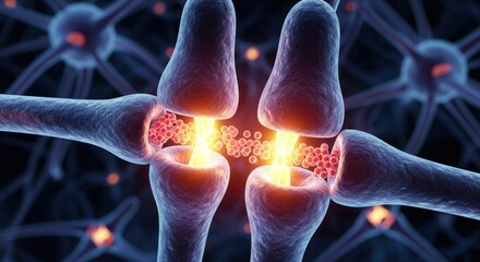 Close up of neural connection synapse, nerve impulse transmitting, chemical signals bridging gap between neurons, abstract biological background, glowing activity.