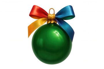 Green christmas bauble with a colorful festive ribbon bow, a holiday decoration on transparent background