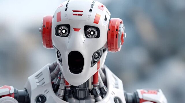 Close-up of a futuristic robot's head, expressing surprise. White and red design.