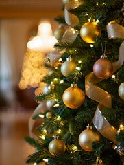 Elegant Office Christmas Tree with Golden Ornaments and Warm Fairy Lights
