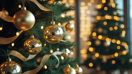 Elegant Office Christmas Tree with Golden Ornaments and Warm Fairy Lights
