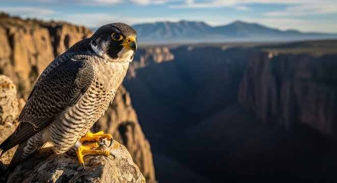 Majestic peregrine falcon perched proudly against breathtaking canyon vista scenery