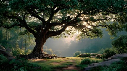 Fototapeta premium A sacred bodhi tree in a peaceful forest clearing, softly lit by golden sunlight. Lush, quiet, and spiritual—ideal for mindfulness, reflection, or natural serenity themes with copy space.