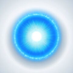 Radiant blue circle with bright white center, surrounded by glowing light effects on a light gray background