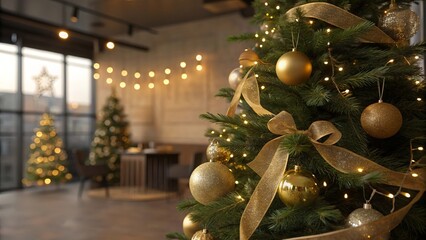 Elegant Office Christmas Tree with Golden Ornaments and Warm Fairy Lights

