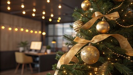 Elegant Office Christmas Tree with Golden Ornaments and Warm Fairy Lights
