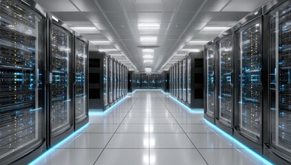Modern server room, rows of racks, illuminated path