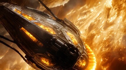 A spaceship flying through the air with flames, suitable for sci-fi or action scenes - Powered by Adobe