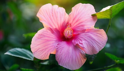 Exploring The Vibrant Beauty Of A Pink Hibiscus Flower In Full Bloom With Green Leaves Background
