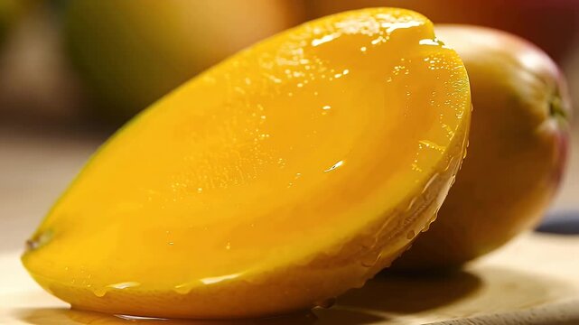 Extreme close-up of a vibrant, juicy, dripping slice of fresh ripe mango fruit resting on a cutting board.