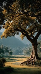 Fototapeta premium A sacred bodhi tree in a peaceful forest clearing, softly lit by golden sunlight. Lush, quiet, and spiritual—ideal for mindfulness, reflection, or natural serenity themes with copy space.