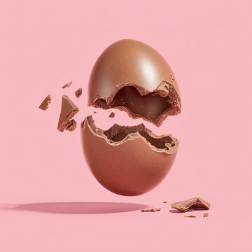 A chocolate Easter egg, broken open, hovers above a pink surface.  Pieces of the chocolate shell are scattered around the egg