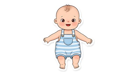 Fototapeta premium Cheerful baby in blue overalls illustration on white background