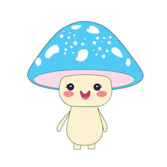 Mushroom Kawaii Character with Blue Cap and Happy Face Cartoon Style