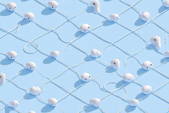 White sperm-like objects connected by thin lines on a light blue surface