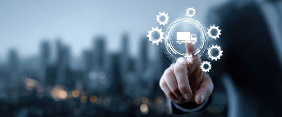 A hand interacting with a digital truck icon surrounded by gears, set against a blurred cityscape background