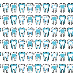 Tooth blue pattern on a white background. Vector dental seamless illustration. Cartoon healthy dentistry tooth. Medical pattern. Vector drawing silhouette icon. Dentist art print.