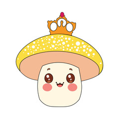 Mushroom Kawaii Character with Crown and Sparkle in Cute Cartoon Art