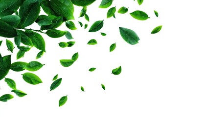Fresh green leaves falling against white background