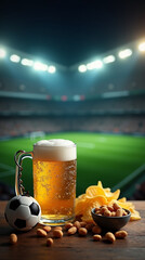 Refreshing Golden Beer Glass with Football and Snack at Stadium Event