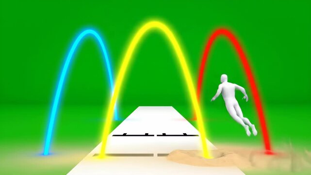 Athlete in motion leaping through colorful arcs of light against a green screen background