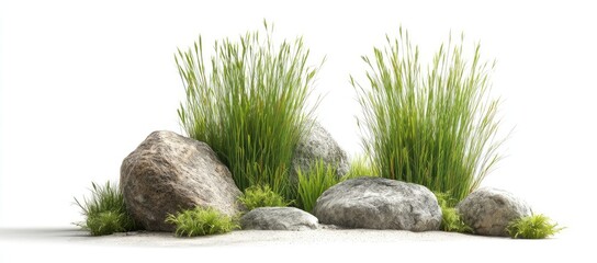 Group of rocks and grass against white background