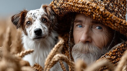 Close-up portrait of a senior man with a dog, set in a field of wheat. Warm earthy tones.