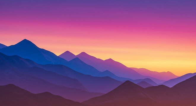 Colorful mountain range silhouette against a vibrant sunset sky background