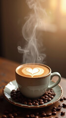 Warm Light Closeup Delicious Coffee Cup with Latte Art Beverage