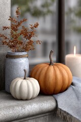 A cozy autumn still life featuring a cream and orange pumpkin, a rustic vase with autumn leaves, and a candle glowing softly by the window