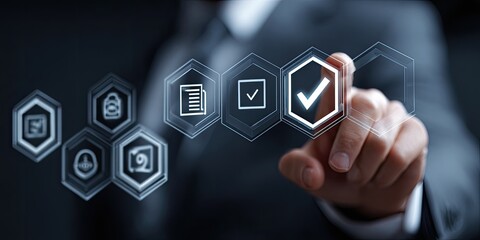 Businessperson interacting with a digital interface displaying security and compliance icons, with a focus on verification