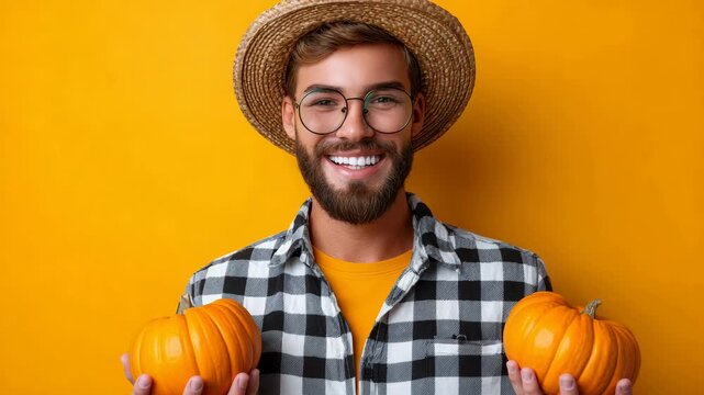 Young man smiling while holding pumpkins against yellow background  