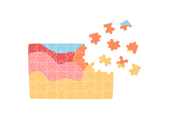 Fototapeta premium Flat jigsaw puzzle board game with colorful pieces. Fun table activity and hobby for children and kids. Interactive boardgame toy for playful entertainment skill development at home.