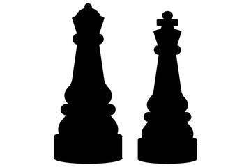 Chess pieces: Queen and King in black silhouette on white background.