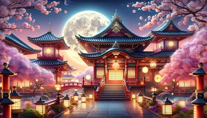 Fototapeta premium Japanese temple with cherry blossom and full moon at night in kyoto japan