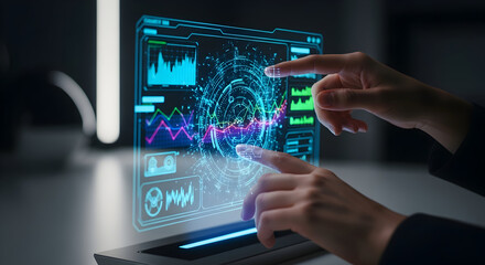 Dynamic holographic screen display with hands analyzing data, futuristic tech for business growth and innovation, data visualization and insights.