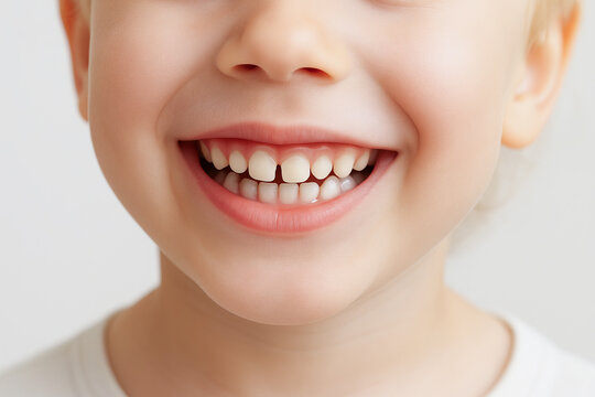 Close-up of smiling child showing teeth with gap on white background. concept of childhood innocence, dental health, joyful expression, natural smile.
