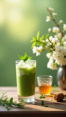 Refreshing Green Matcha Latte with Ice and Honey Accompaniment Still Life