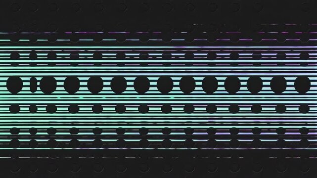 Abstract geometric pattern with horizontal lines and oval shapes in teal and purple gradient against a dark background, creating a futuristic or digital aesthetic