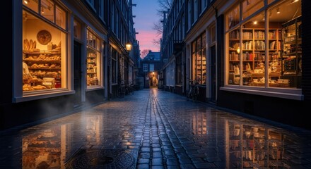 Naklejka premium Enchanting twilight descends upon a quaint European alleyway lined with warmly lit shops