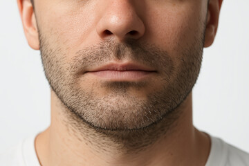 Obraz premium Closeup of lower face of Caucasian man with short stubble beard and natural lips on white background. Concept of male grooming, facial hair texture, masculinity, skin care routine, minimalist portrait