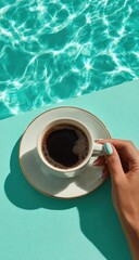 A cup of coffee held over a teal surface with rippled turquoise water overlay