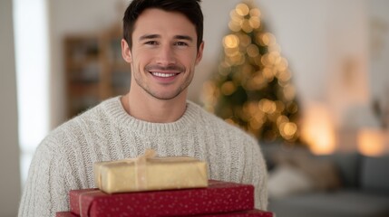 A happy person celebrating the holiday season with a stack of gifts.