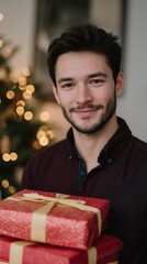 A happy person celebrating the holiday season with a stack of gifts.