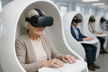 Elderly caucasian woman experiencing virtual reality technology in modern facility. concept of senior engagement, digital inclusion, technological exploration