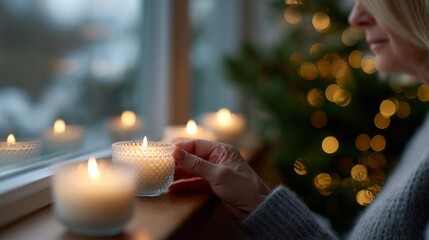A senior woman with candles on a windowsill, with a festive bokeh background.